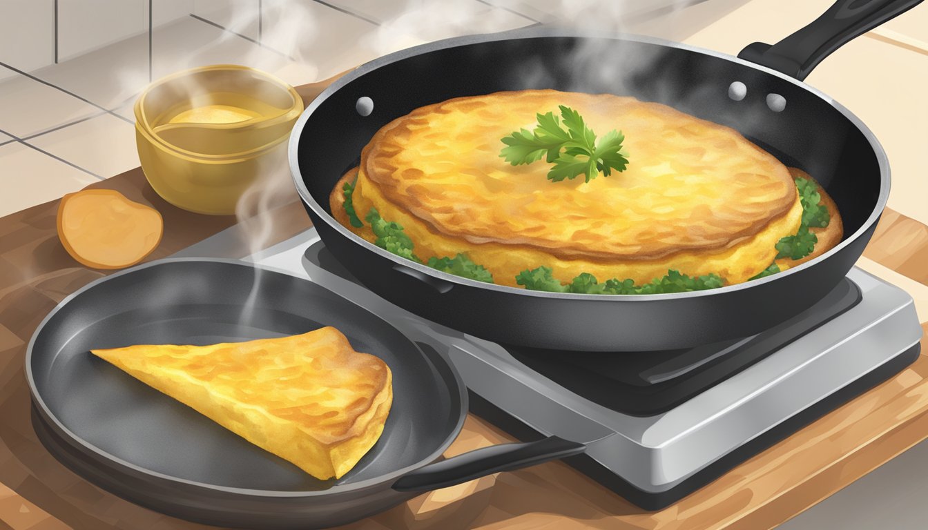 A skillet sizzling on a stovetop, with a spatula flipping a golden Spanish tortilla, steam rising from the hot dish