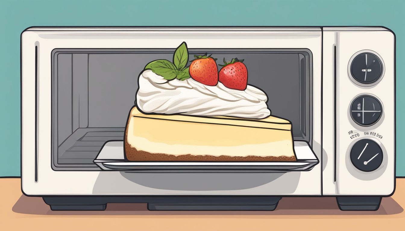 A slice of cheesecake being placed in a microwave-safe dish and heated in the microwave until warm