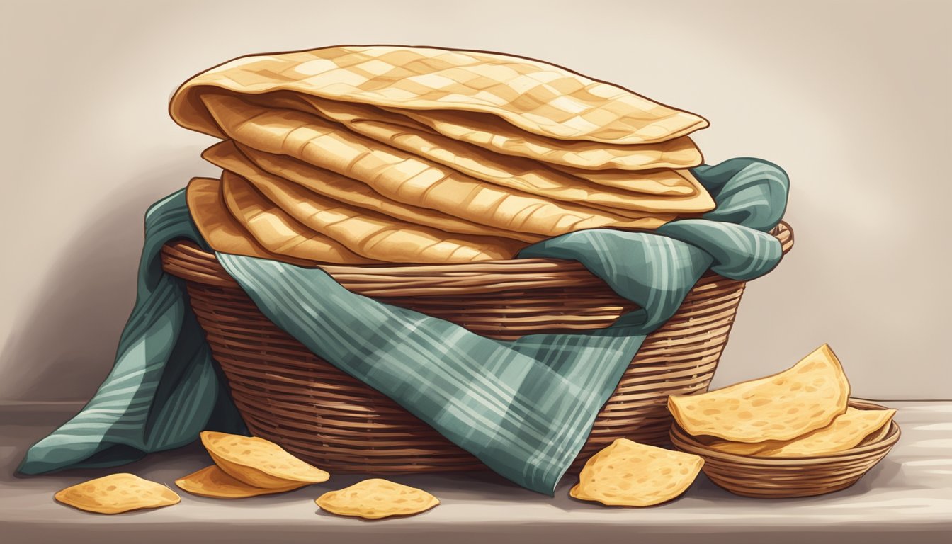 A stack of freshly made Spanish tortillas resting on a clean cloth-lined basket, covered with a cloth to keep them warm