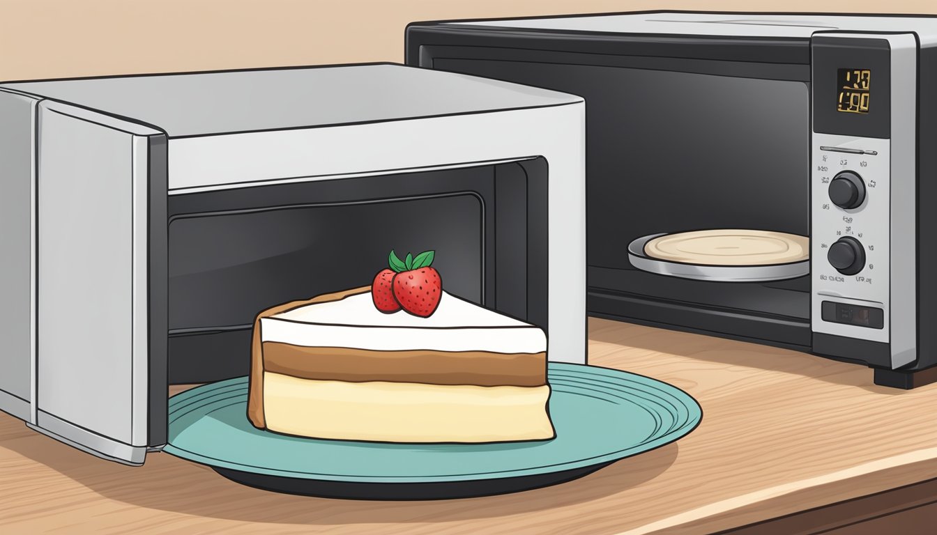 A slice of cheesecake being placed on a microwave-safe plate and covered with a microwave-safe cover before being heated