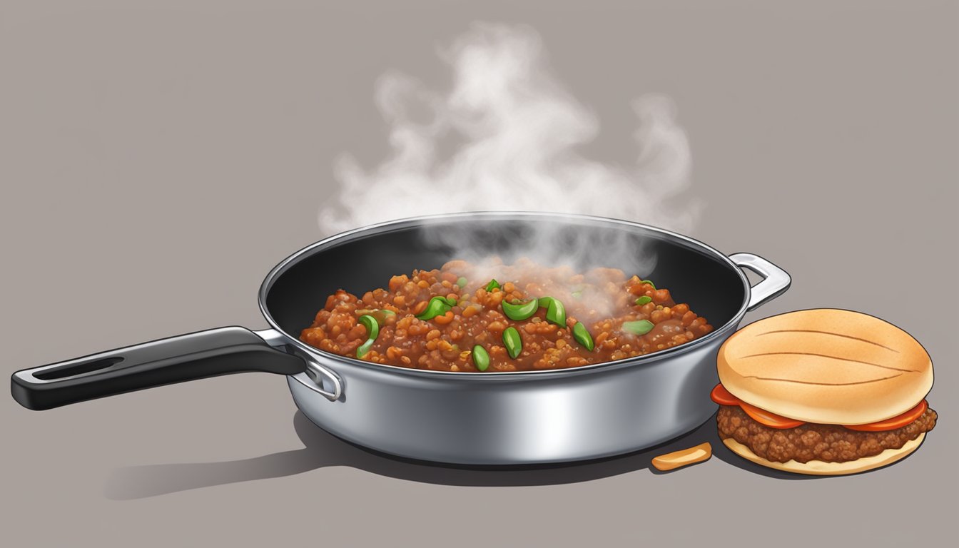 A steaming skillet with a reheating sloppy joe, spatula in hand