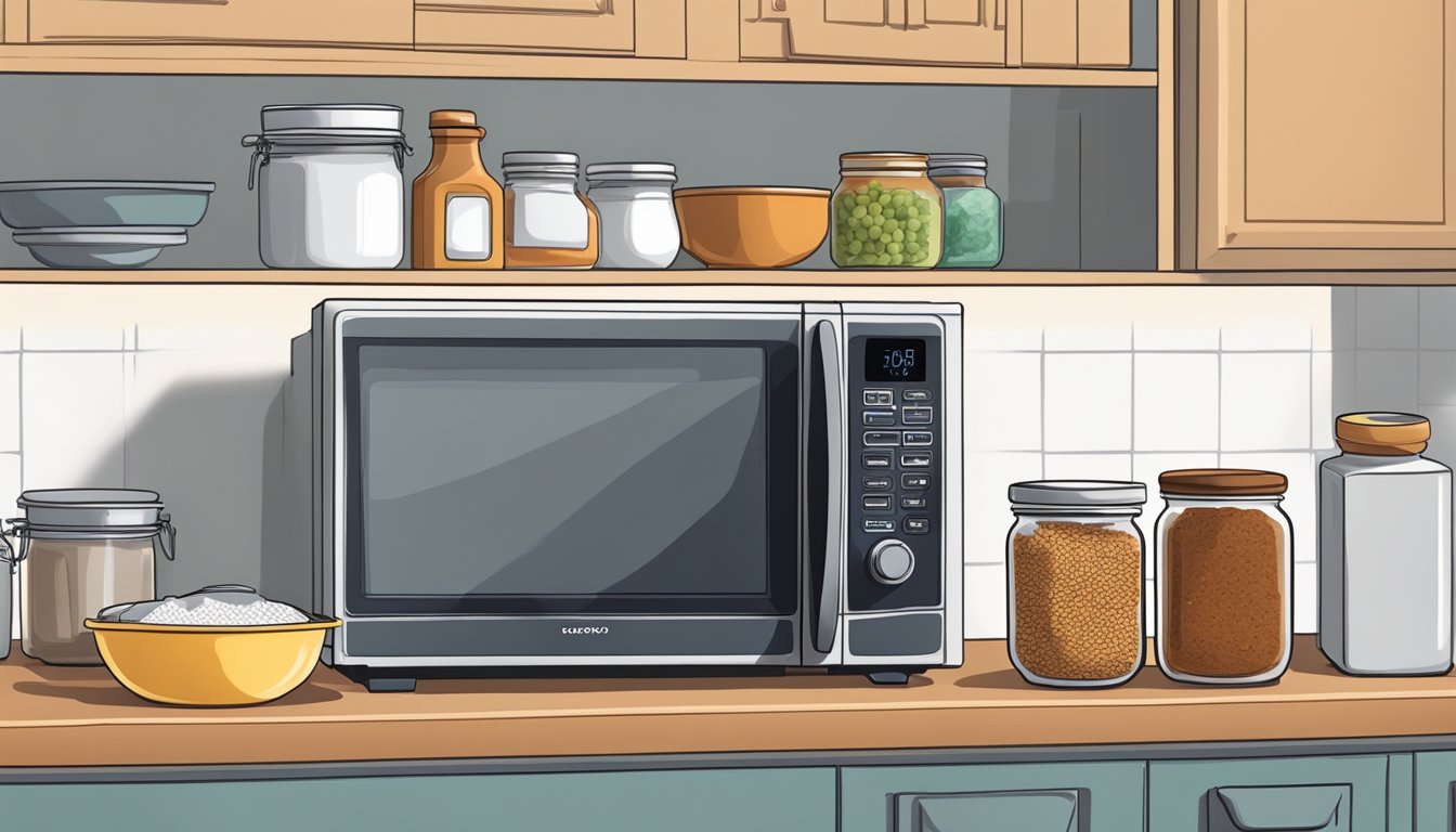 A kitchen counter with a neatly arranged pantry, a sealed container of leftover sloppy joe, and a microwave ready for reheating