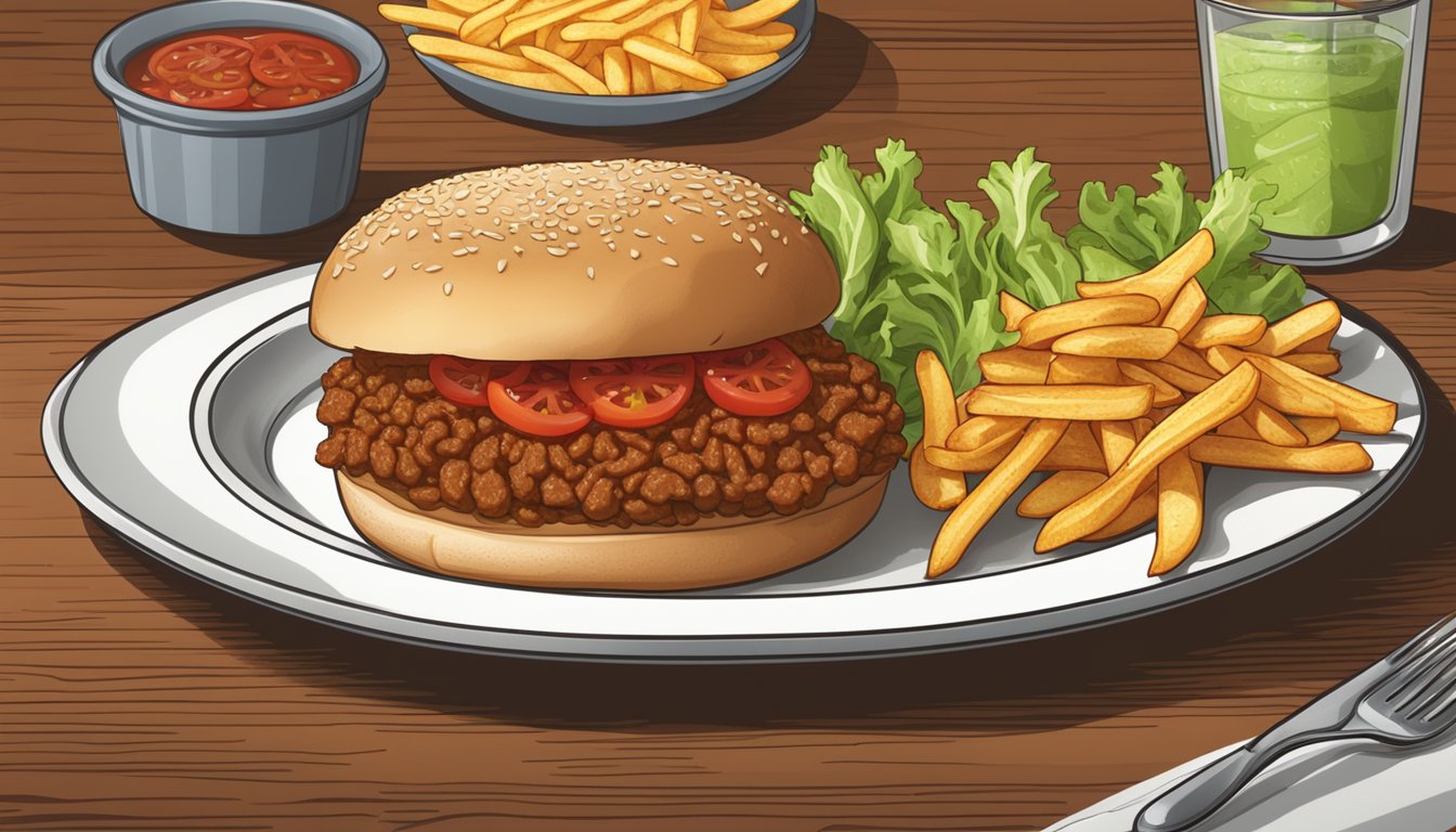 A plate with a reheated sloppy joe next to a side of crispy fries and a garnish of fresh lettuce and tomato