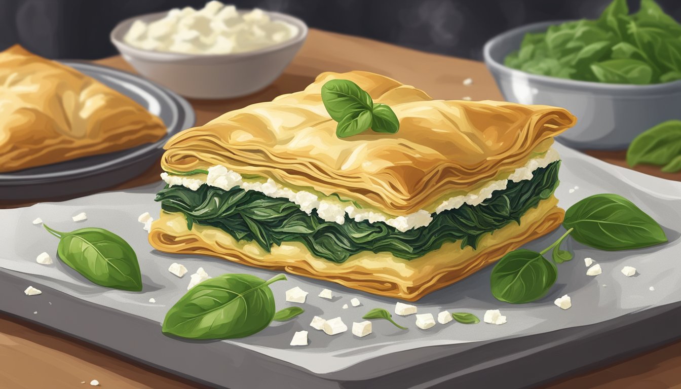 A golden, flaky spanakopita sits on a baking sheet in a warm oven, surrounded by the comforting aroma of spinach and feta cheese