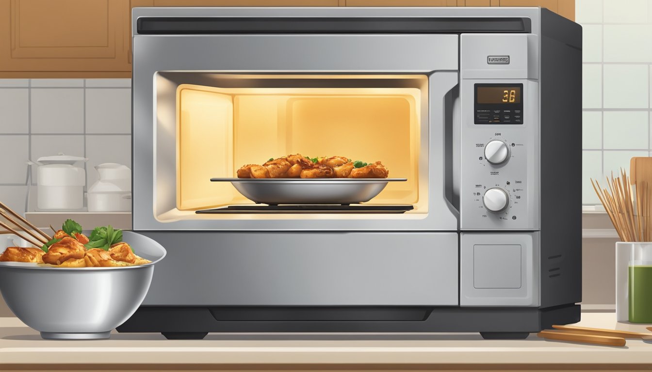 A microwave with a teriyaki chicken skewer on a plate, a steaming pot on the stove, and an oven with the skewer on a baking sheet