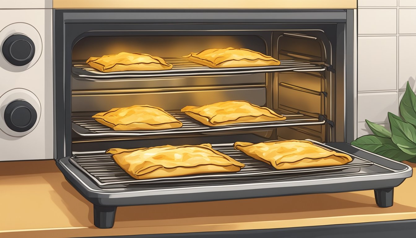 A golden-brown spanakopita sits on a baking sheet in a preheated oven, surrounded by the warm glow of the heating coils