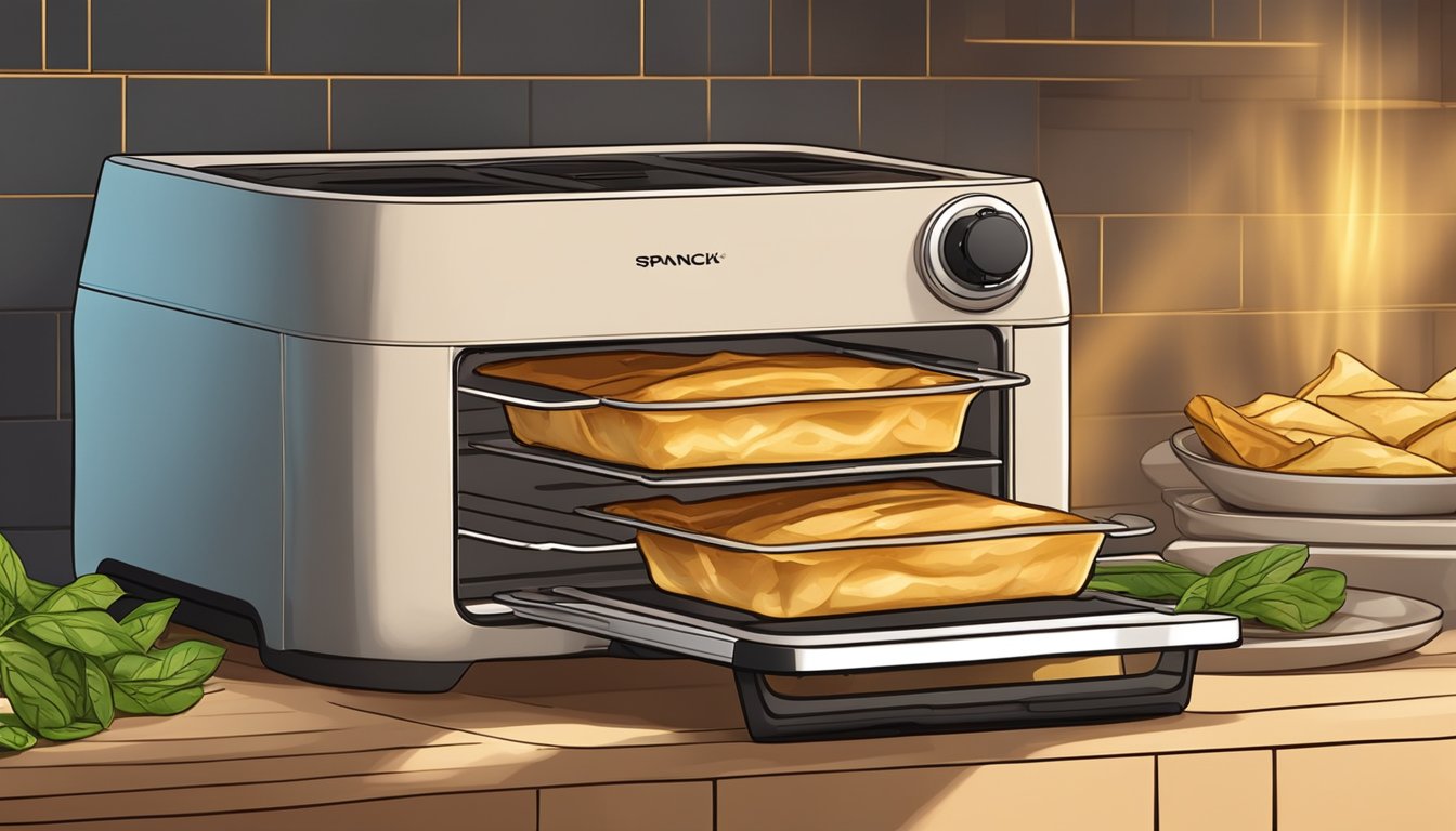 A golden-brown spanakopita sits inside an air fryer basket, surrounded by the warm glow of the appliance's interior