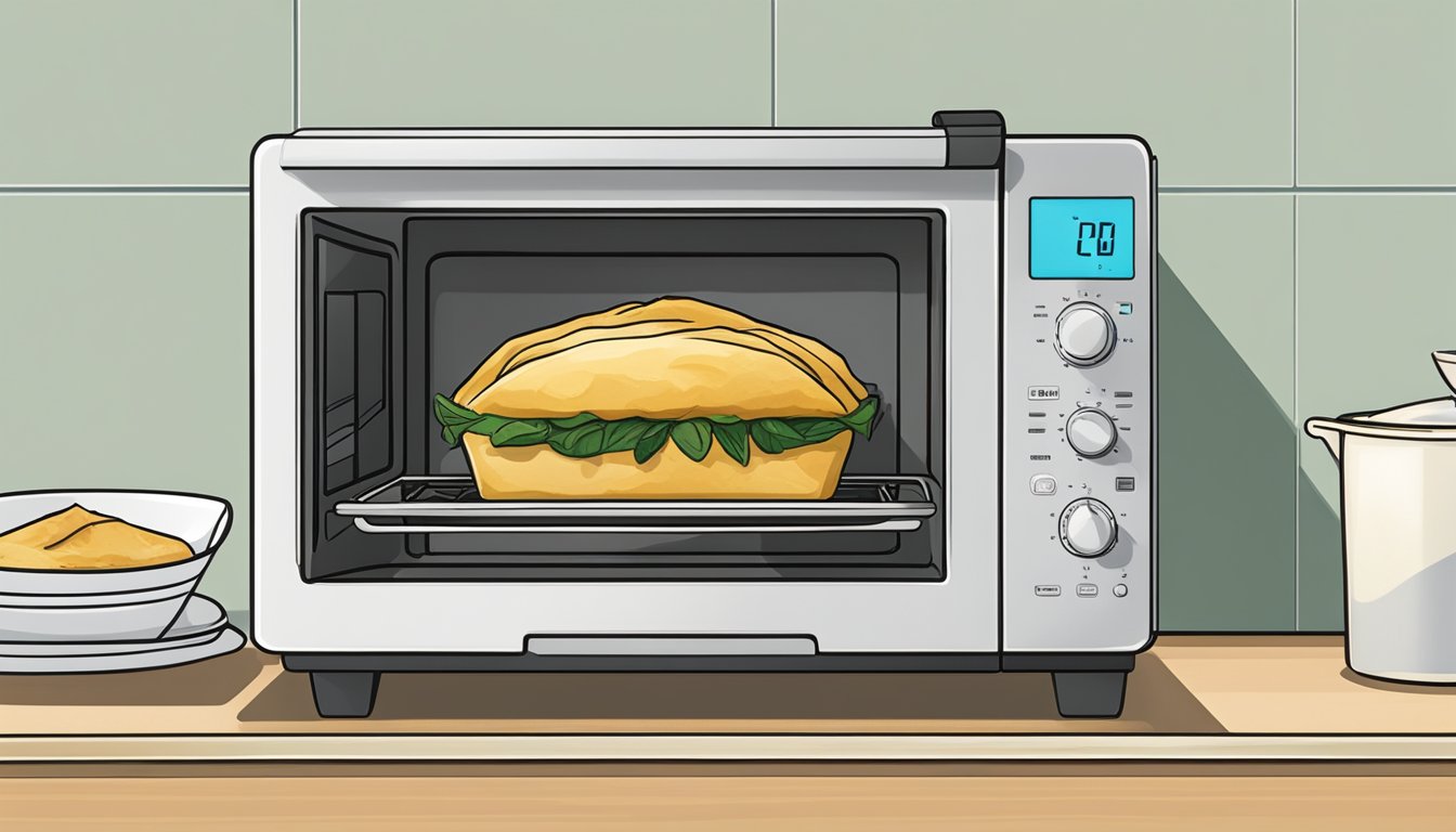 A microwave and oven sit side by side, with a golden-brown spanakopita placed on a plate in front of each appliance. A fork rests on the plate next to the spanakopita