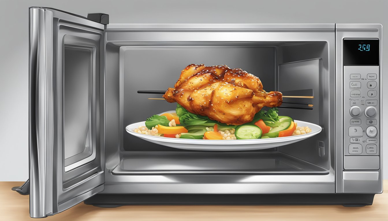 A microwave with a teriyaki chicken skewer on a plate covered with a microwave-safe lid