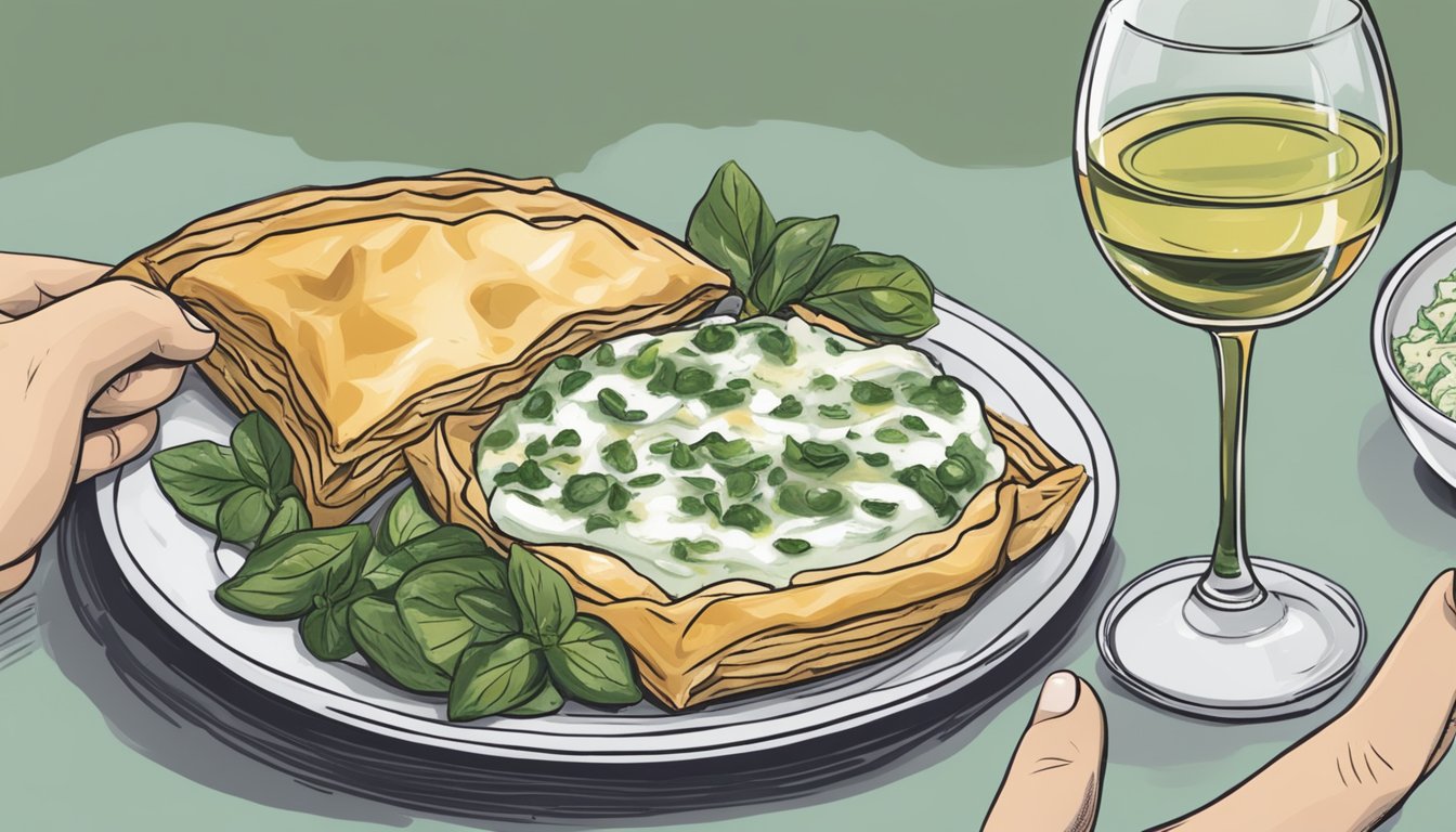 A hand reaching for a reheated spanakopita on a plate, next to a glass of white wine and a bowl of tzatziki sauce