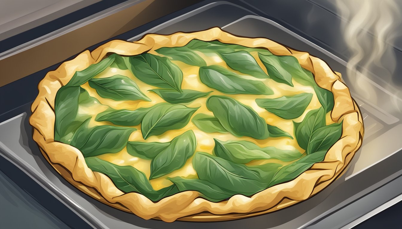 A plate of spanakopita on a baking sheet in the oven, with the warm golden crust and steam rising from the flaky layers