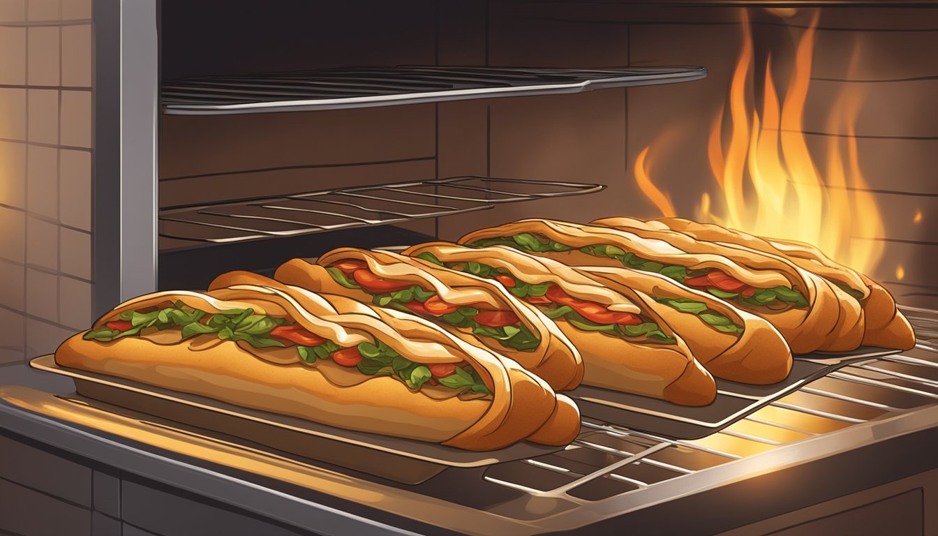 A stromboli sits on a baking sheet inside a preheated oven, surrounded by the warm glow of the heating elements