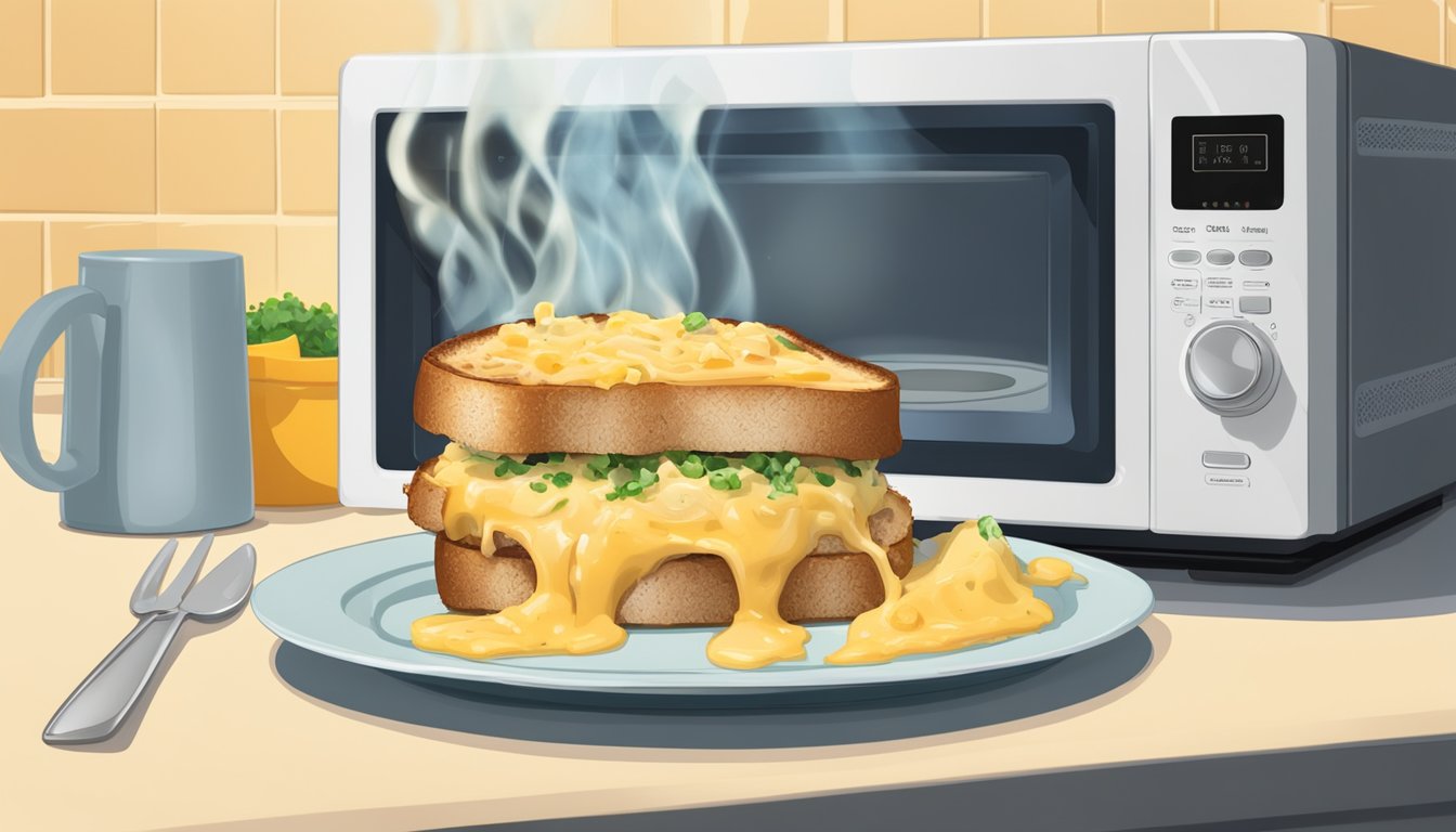 A tuna melt sits on a plate in a microwave. The cheese is melting and bubbling, creating a gooey and delicious topping over the tuna