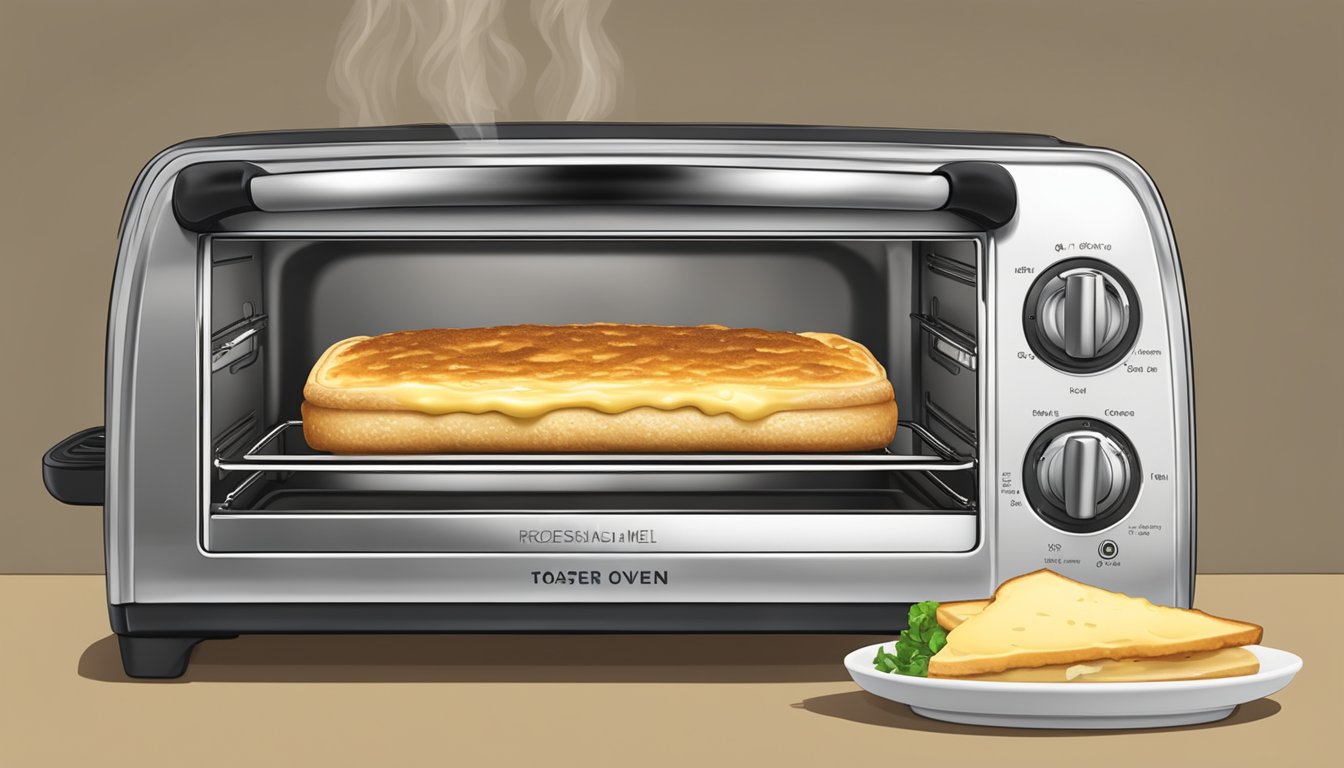 A toaster oven with a golden-brown tuna melt inside, bubbling cheese and steam rising