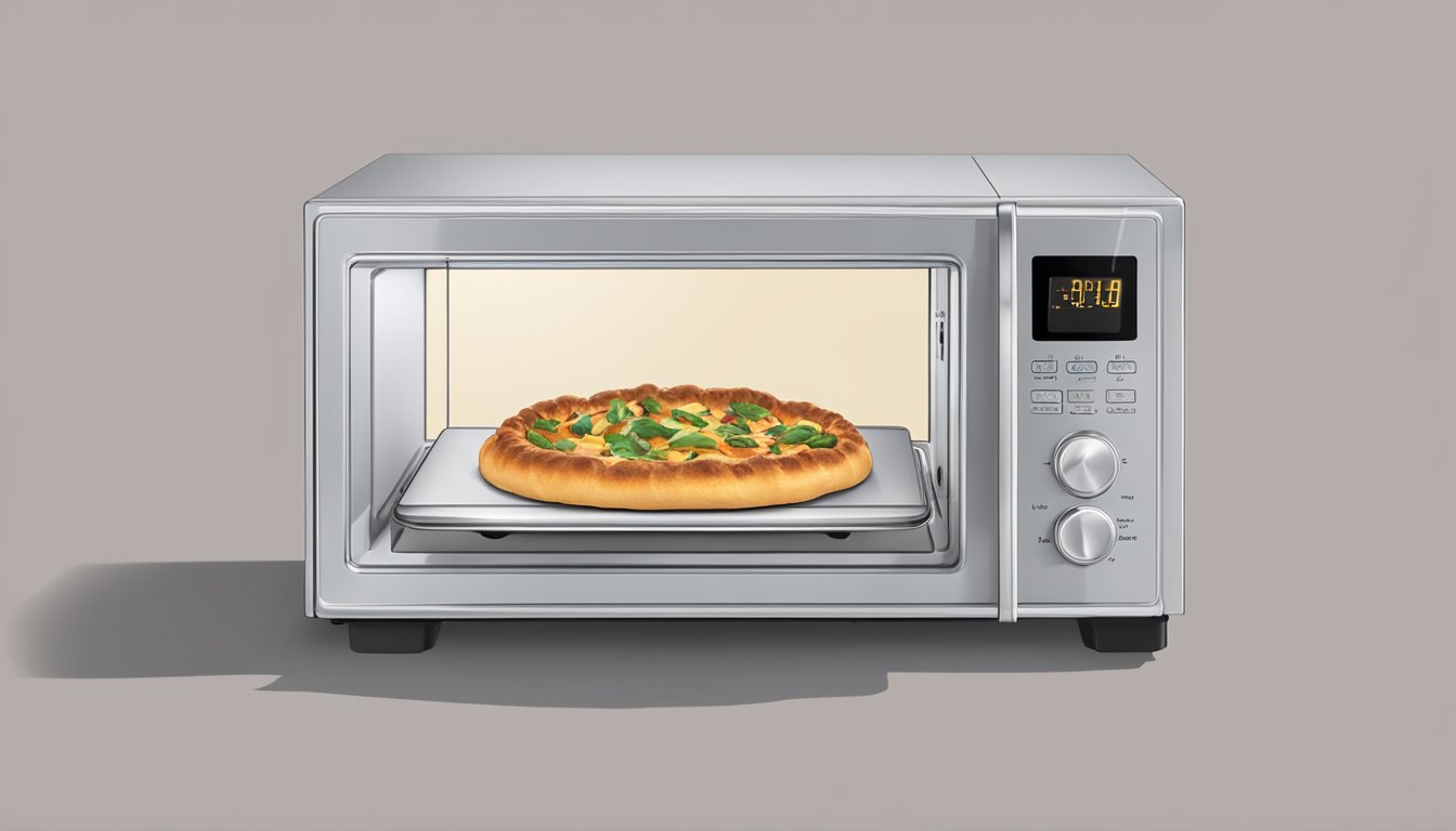 A stromboli sits on a microwave-safe plate. The microwave door is open, and the plate is being placed inside. The microwave's digital display shows the timer being set