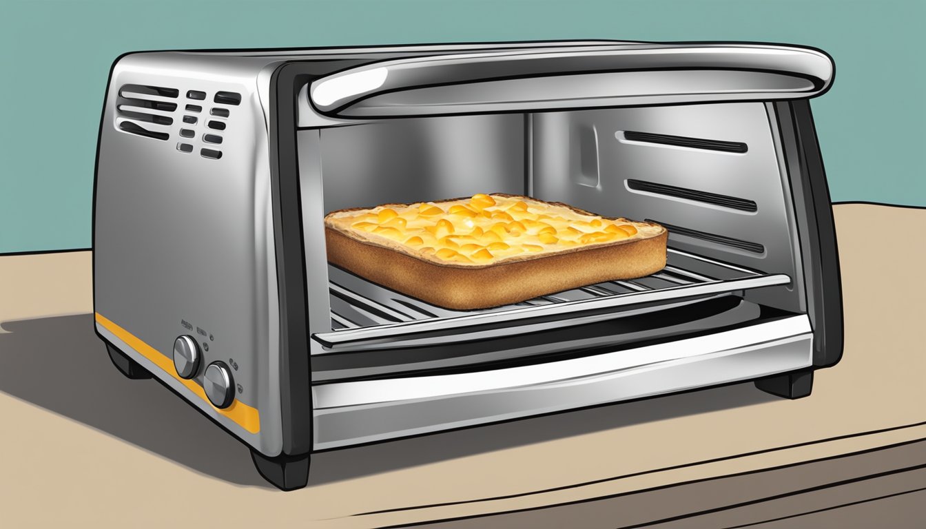 A toaster oven set to 350°F with a foil-lined tray holding a golden-brown tuna melt, cheese oozing out the sides