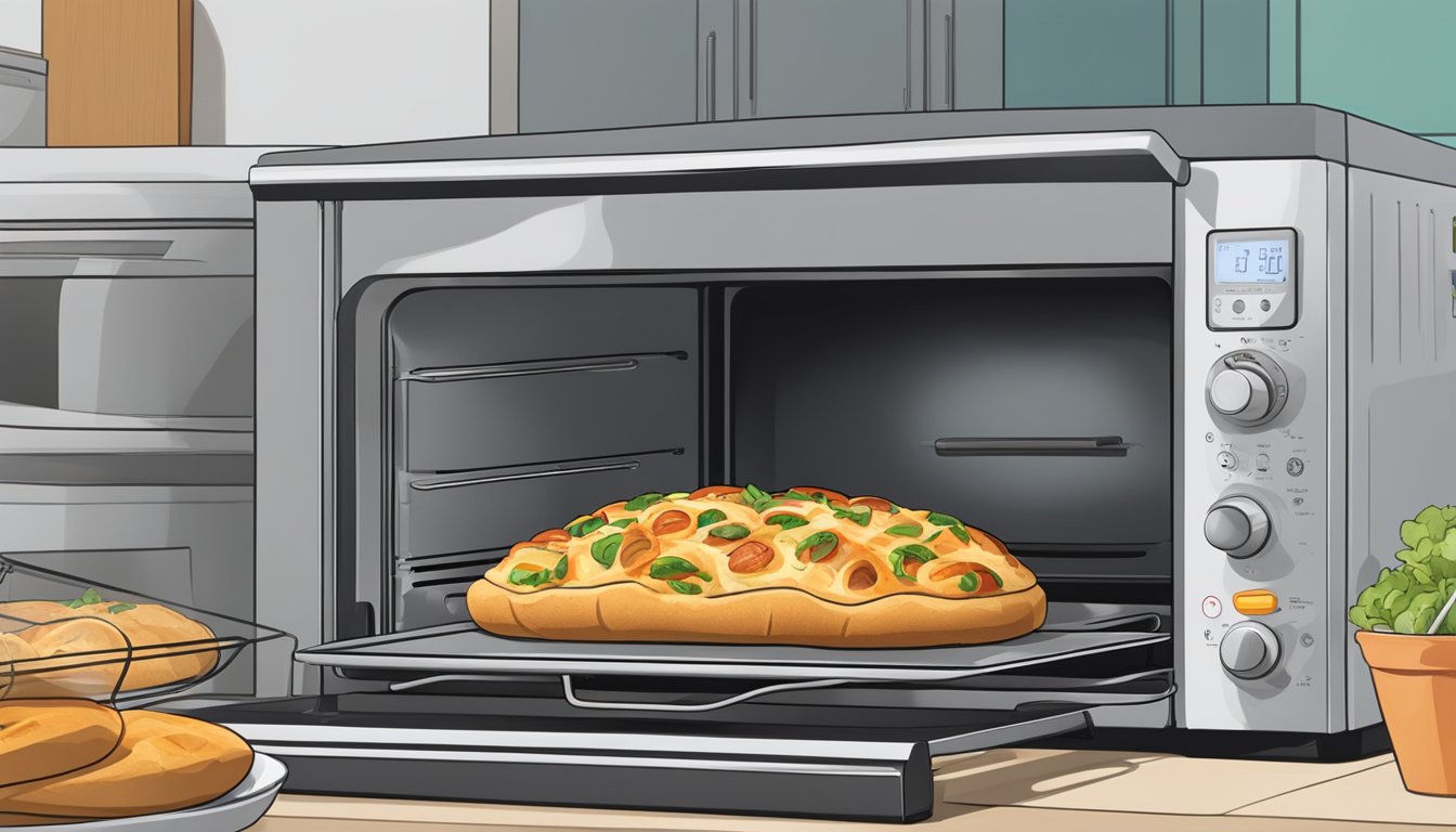 A stromboli sits on a baking sheet in an oven, surrounded by a microwave and air fryer. A timer is set on each appliance