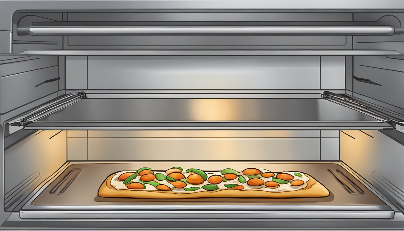 A stromboli being reheated in a preheated oven on a baking sheet