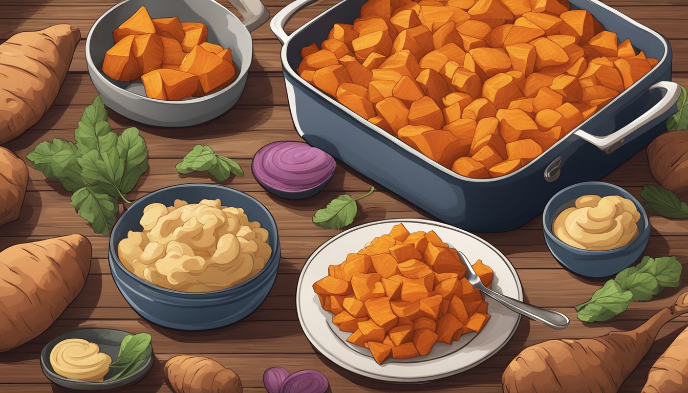 A steaming sweet potato casserole sits on a rustic wooden table, surrounded by various sweet potato varieties in different shapes and colors