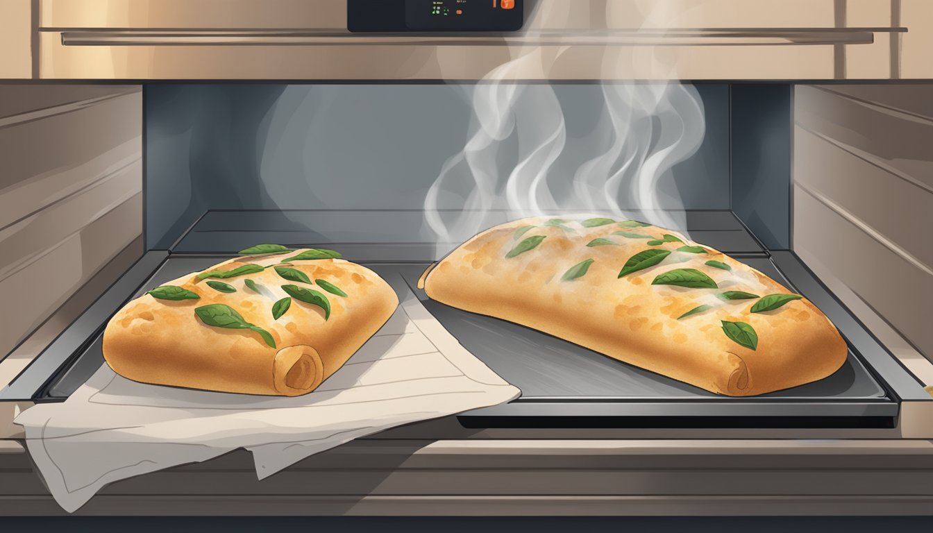 A steaming stromboli being reheated in a preheated oven, with a baking sheet lined with parchment paper. A timer is set and a pair of tongs are nearby