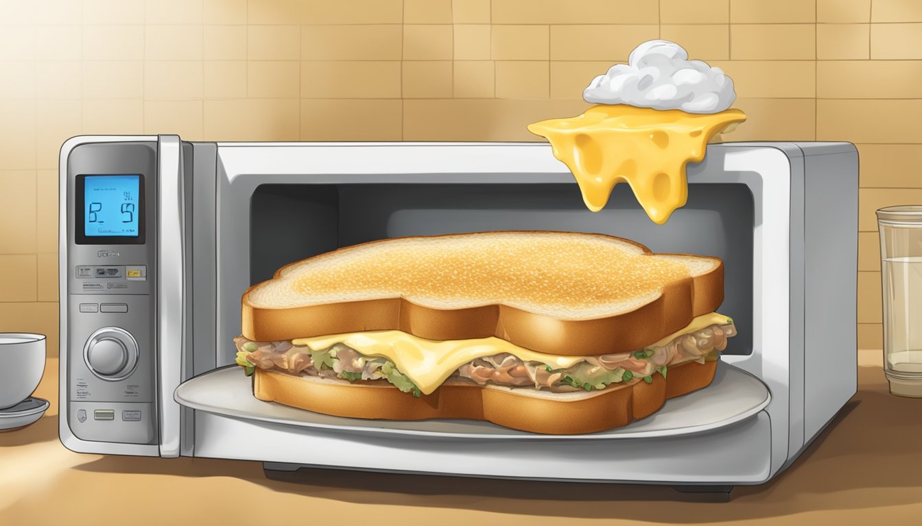 A tuna melt sits on a plate in a microwave, the cheese bubbling and gooey, the bread golden and toasted