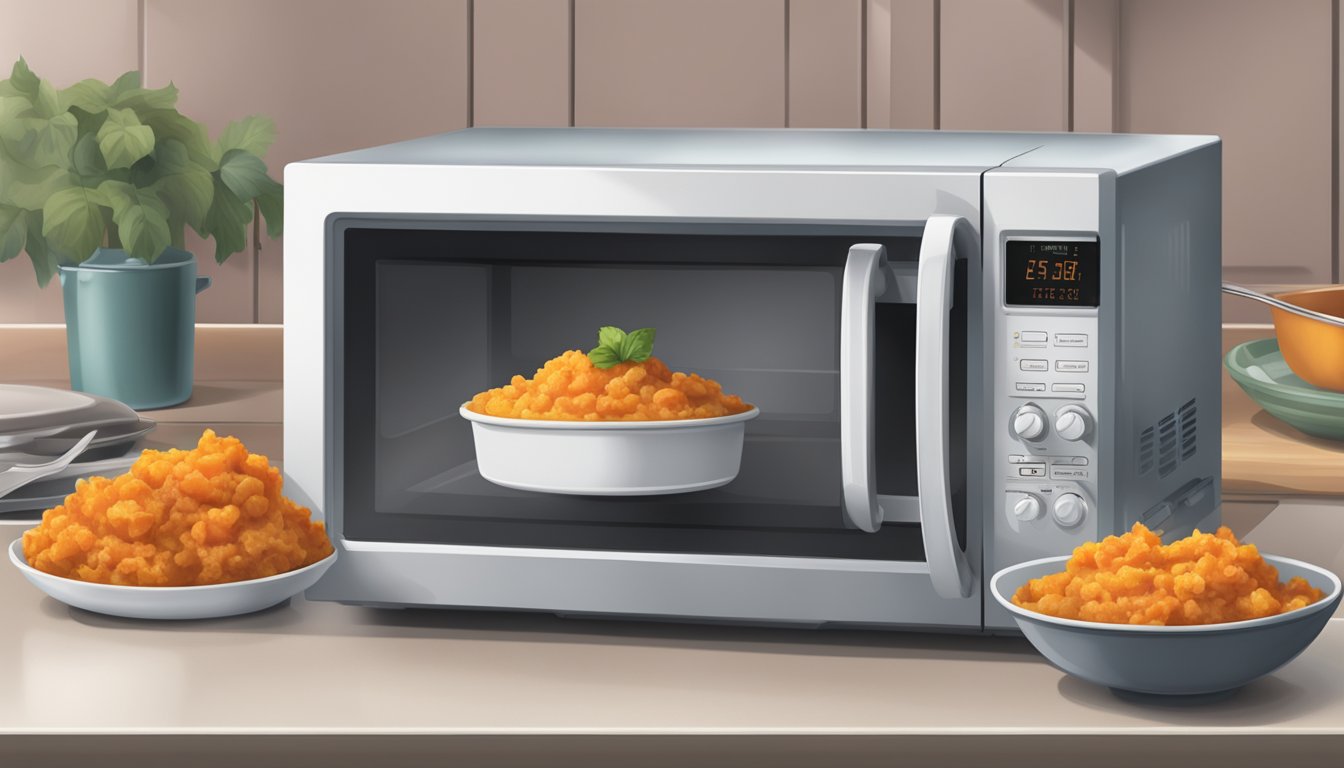 A microwave with a sweet potato casserole inside, a fork beside it, and steam rising from the dish