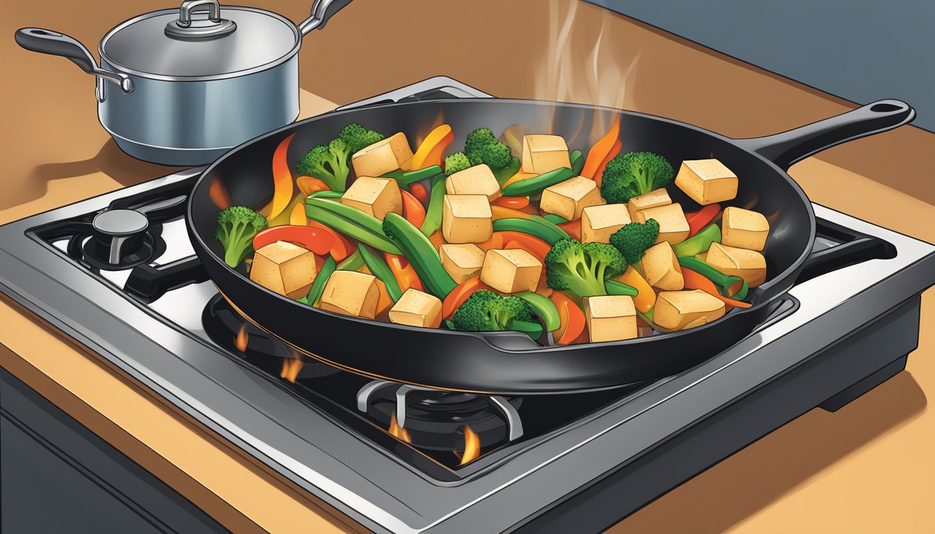 A tofu stir fry being reheated in a sizzling pan on a stovetop