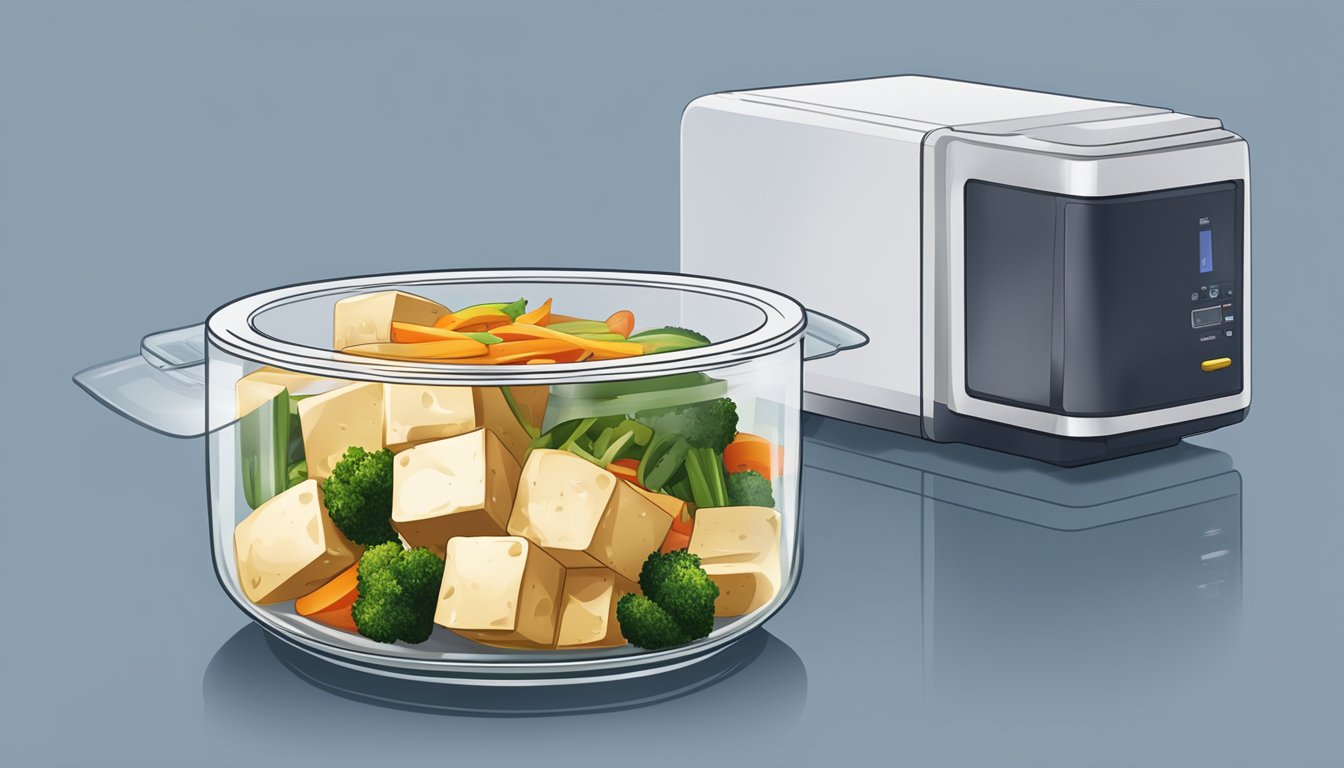 A tofu stir-fry sits in a glass container with a lid. A microwave oven sits in the background