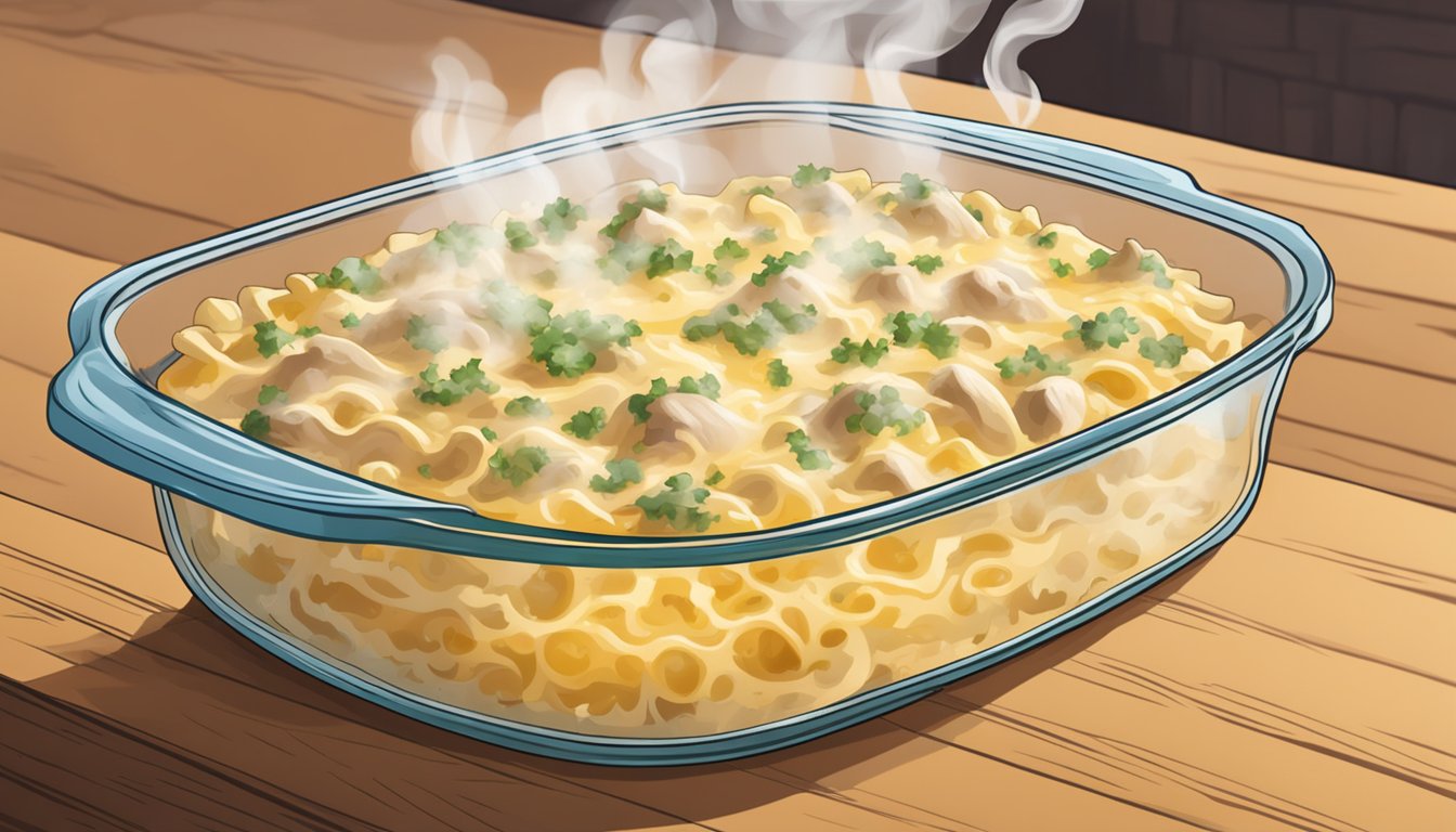 A steaming tuna casserole sits in a glass baking dish on a wooden table, surrounded by steam rising from the creamy, cheesy filling