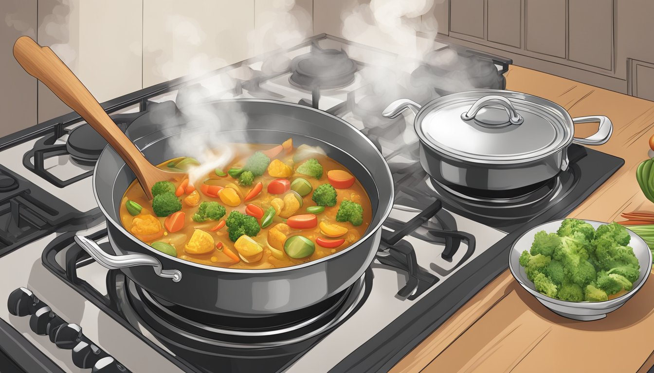 A pot of vegetable curry being gently heated on a stovetop, steam rising as the rich aroma of spices fills the air