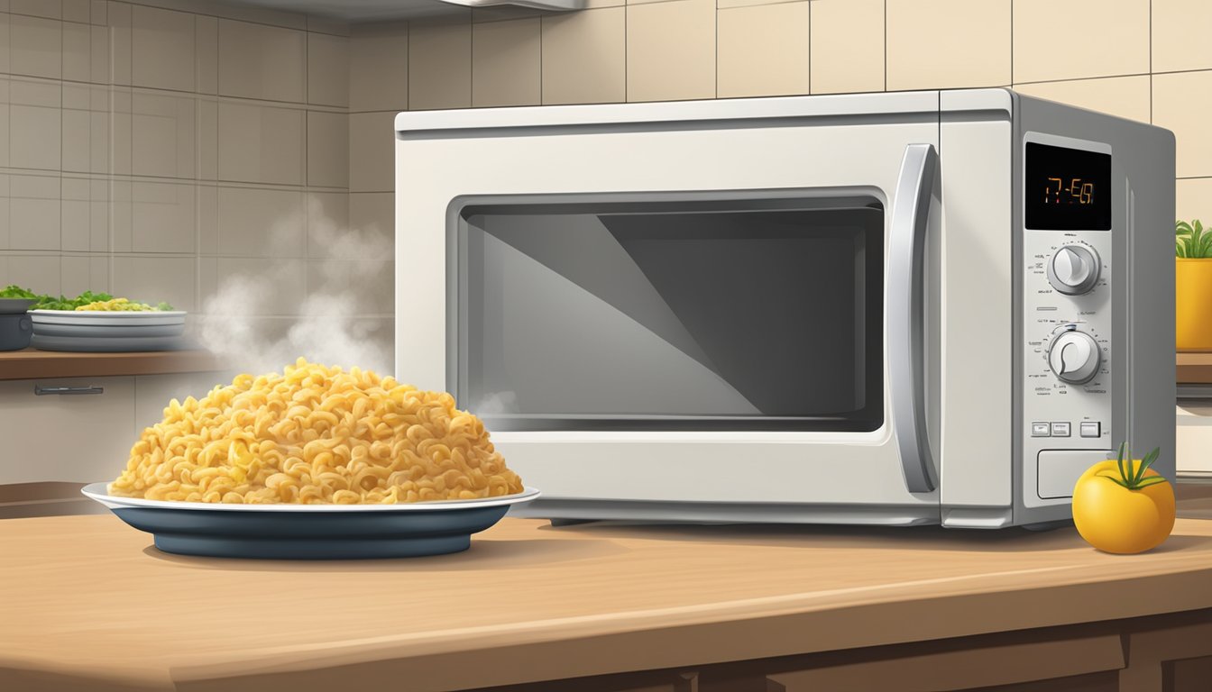 A microwave with a covered dish of tuna casserole inside, steam rising from the hot food