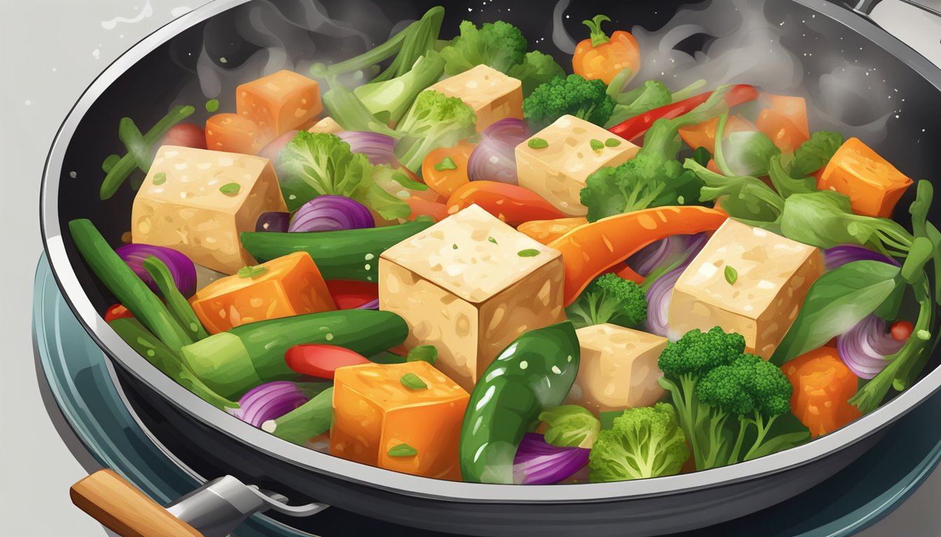 A colorful array of fresh vegetables and tofu stir fry sizzling in a hot pan, with steam rising and the aroma of herbs and spices filling the air