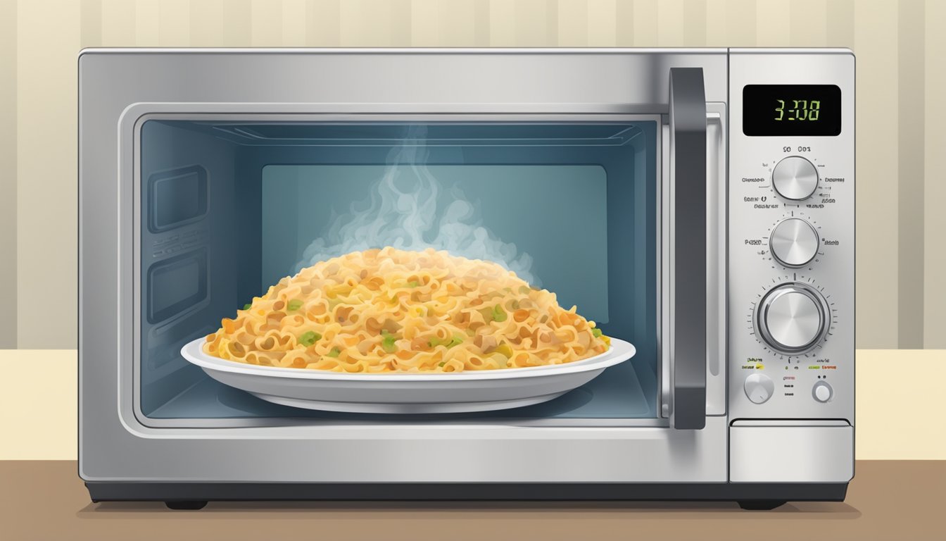 A microwave with a covered dish of tuna casserole inside, a timer set, and steam rising from the hot food