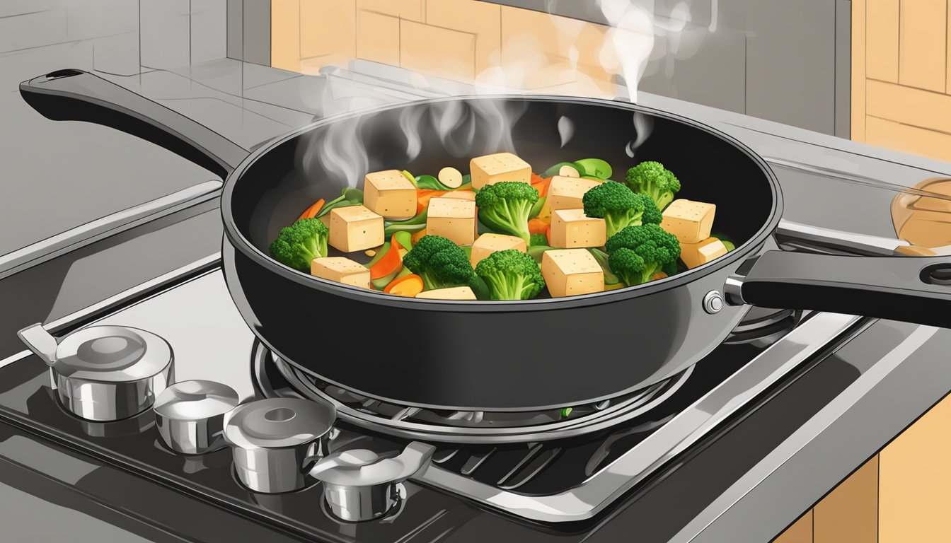 A tofu stir fry being reheated in a non-stick pan over a gas stove, with steam rising from the sizzling vegetables and tofu