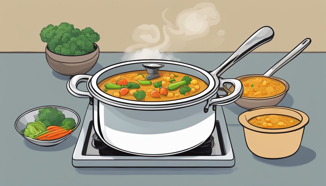 A pot of vegetable curry on a stovetop, with steam rising and a ladle resting on the edge. A bowl and spoon are nearby, ready for serving