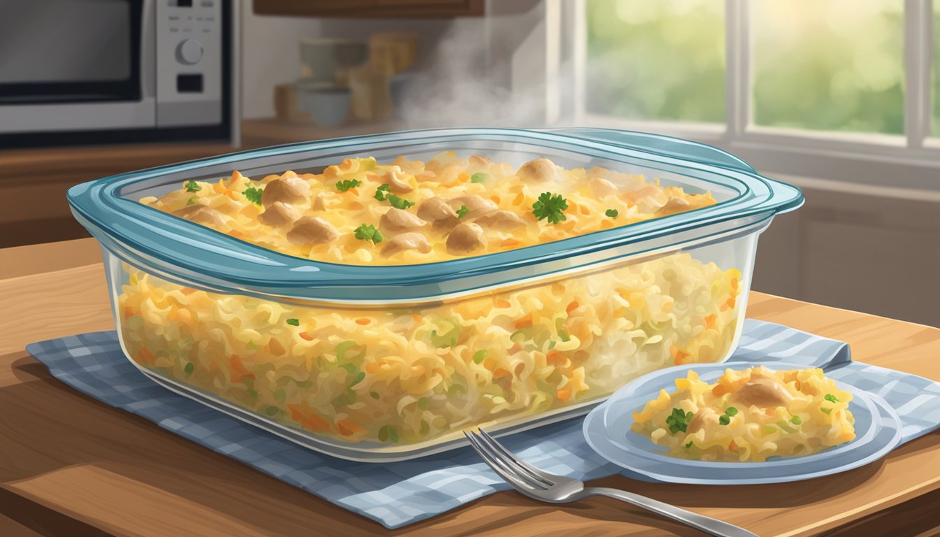 A steaming tuna casserole sits in a glass baking dish on a wooden table, with a fork resting on the side. A microwave door is open nearby