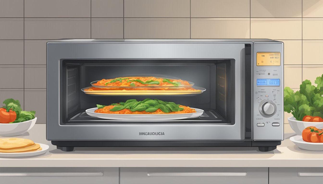 A microwave with a steaming plate of veggie lasagna inside, surrounded by various reheating methods such as an oven, stovetop, and toaster oven