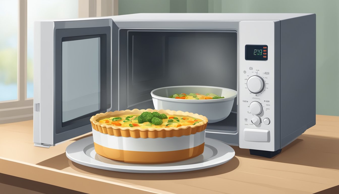 A microwave with a plate of vegetable quiche inside, steam rising from the warm dish