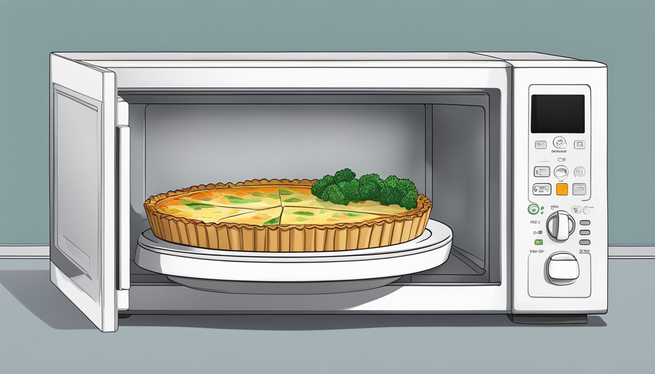 A slice of vegetable quiche being placed on a microwave-safe plate with a cover, next to a microwave oven