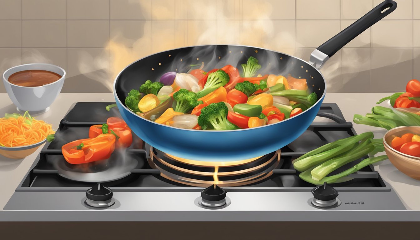 A wok on a stovetop with sizzling vegetables and sauce being tossed by a spatula. Steam rises from the pan