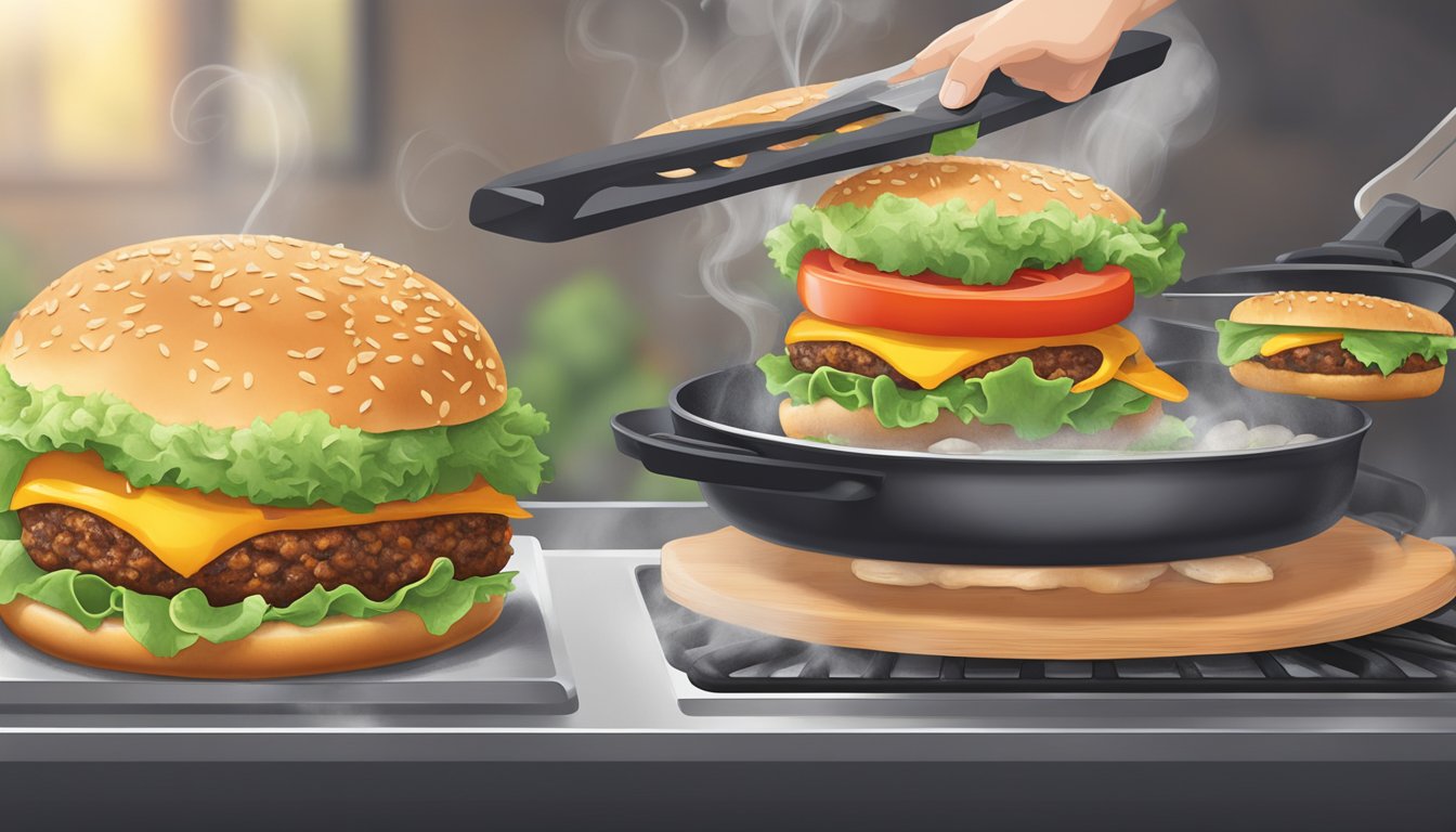 A veggie burger on a sizzling hot pan, steam rising, with a spatula flipping it over to reheat evenly