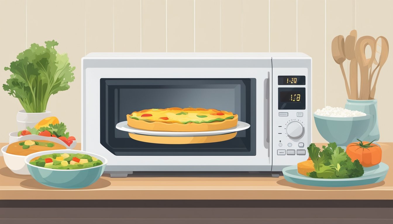 A microwave with a spinning plate inside, a steaming vegetable quiche on a plate, and a timer counting down