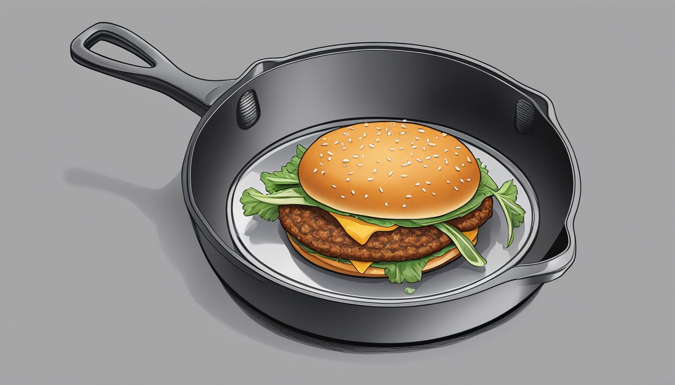 A veggie burger is being reheated in a skillet over medium heat, with a lid covering it to keep it firm and prevent it from drying out