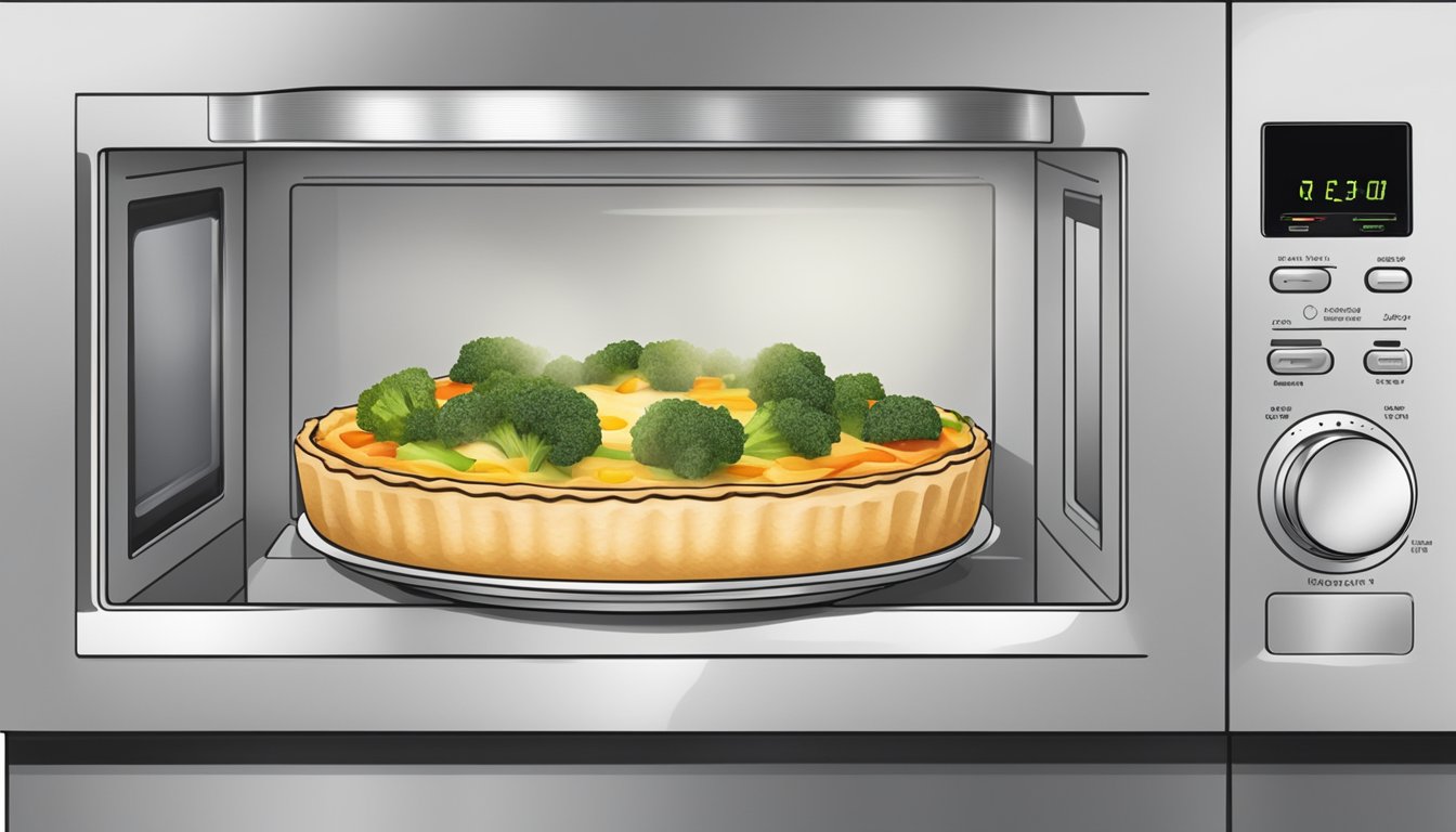 A microwave with a steaming plate of vegetable quiche inside