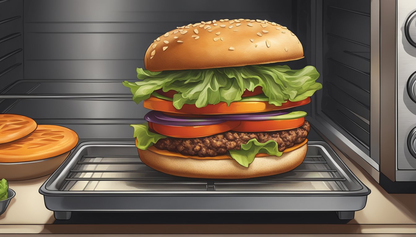 A veggie burger sitting on a baking sheet inside a preheated oven