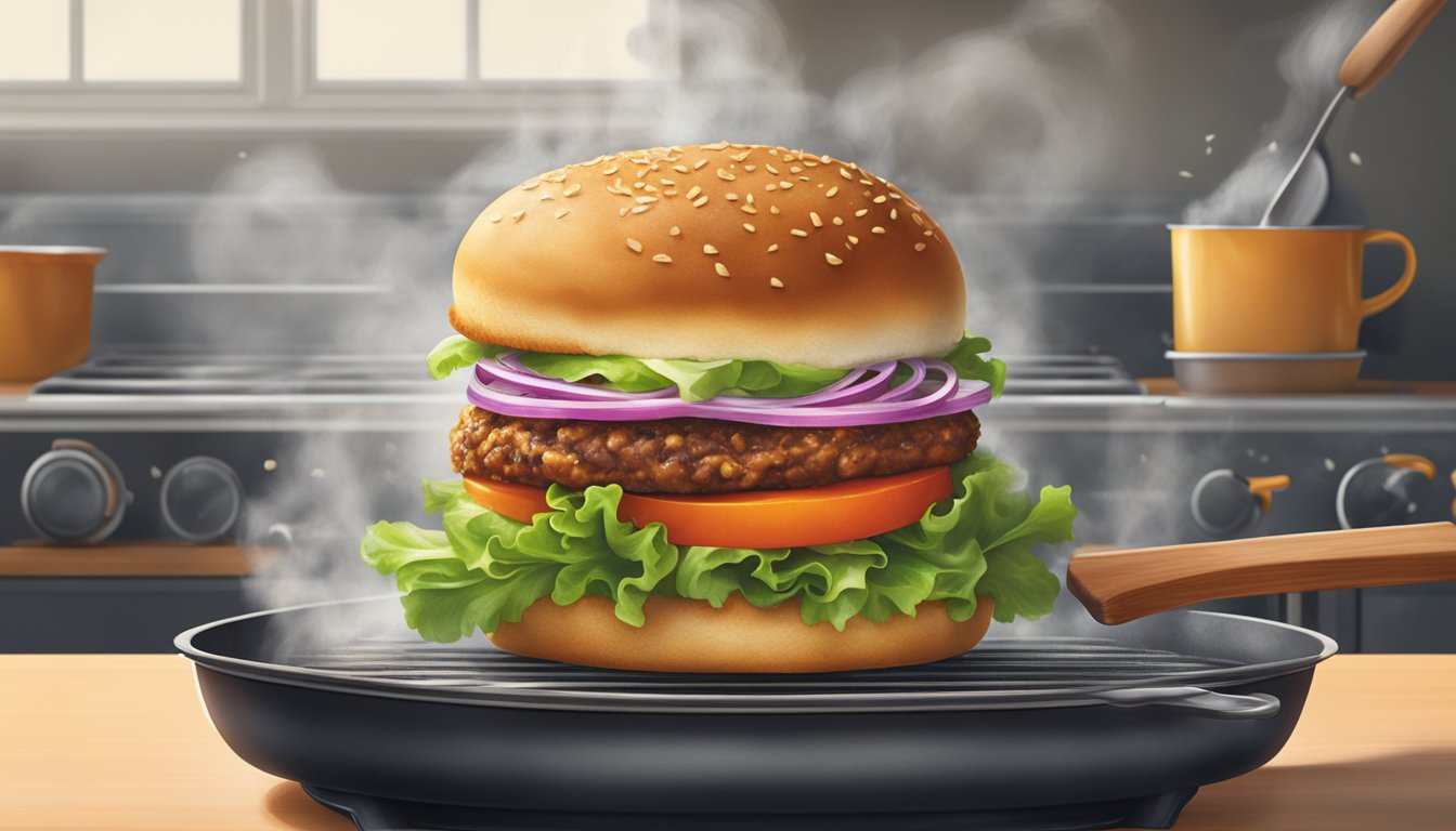 A veggie burger sizzling on a stovetop, spatula flipping it over, steam rising, maintaining its firm shape