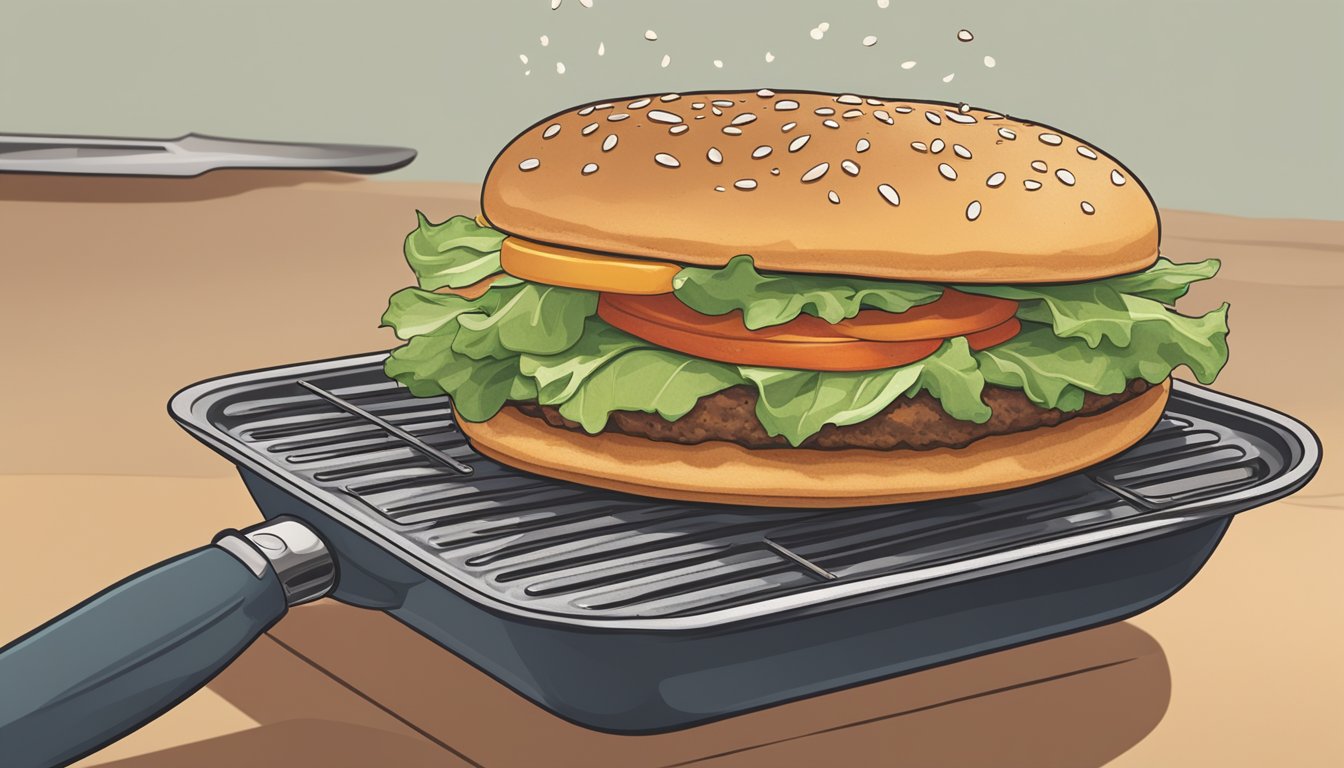 A veggie burger being reheated on a non-stick pan over medium heat, with a spatula flipping it to ensure even warming and maintaining its firm texture