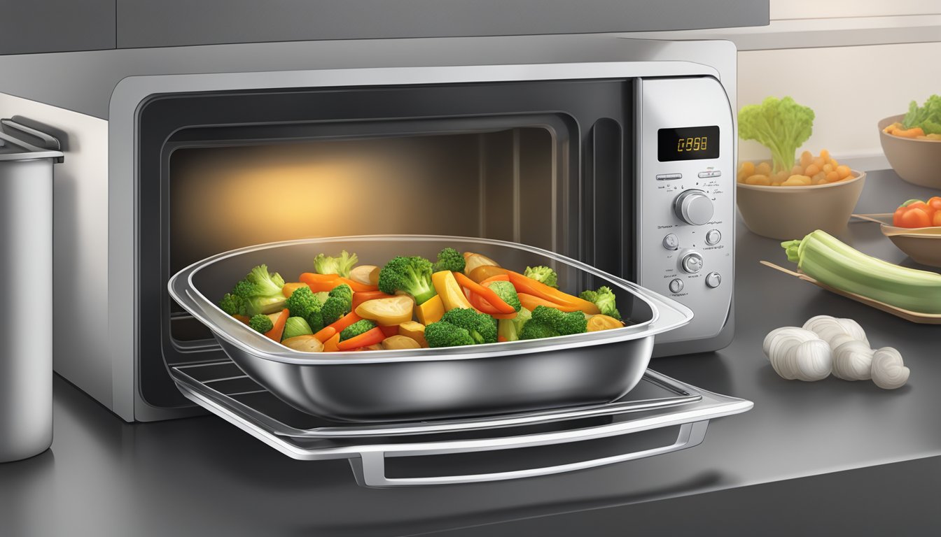 A microwave door is open, revealing a plate of reheated veggie stir fry inside. Steam rises from the hot food