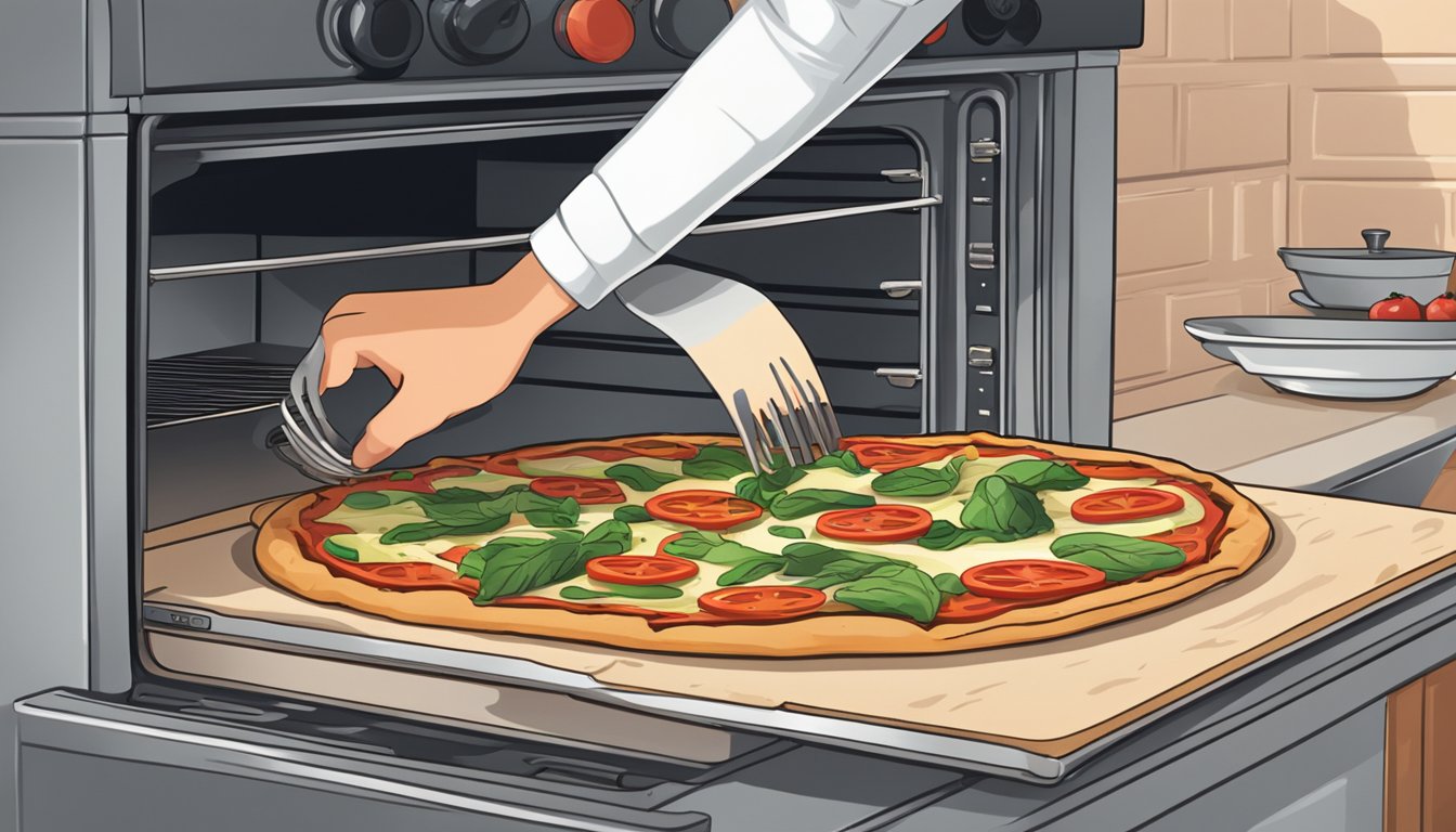 A slice of veggie pizza being placed on a baking sheet in front of an open oven