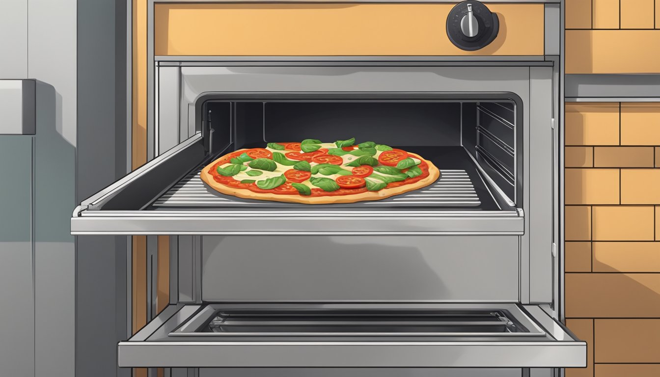 A slice of veggie pizza being placed on a baking sheet inside a preheated oven